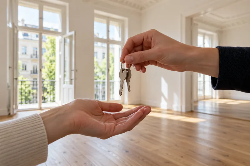 Schlüsselübergabe in einer leeren, frisch gestrichenen Altbauwohnung in Berlin