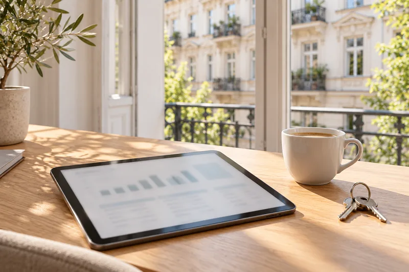 Tablet mit einem Monatsbericht zur Mietverwaltung auf einem Schreibtisch