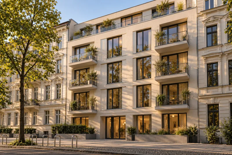 Sondereigentumsverwaltung Berlin: Neubau-Mehrfamilienhaus mit hellem Putz, bodentiefen Fenstern und Balkonen