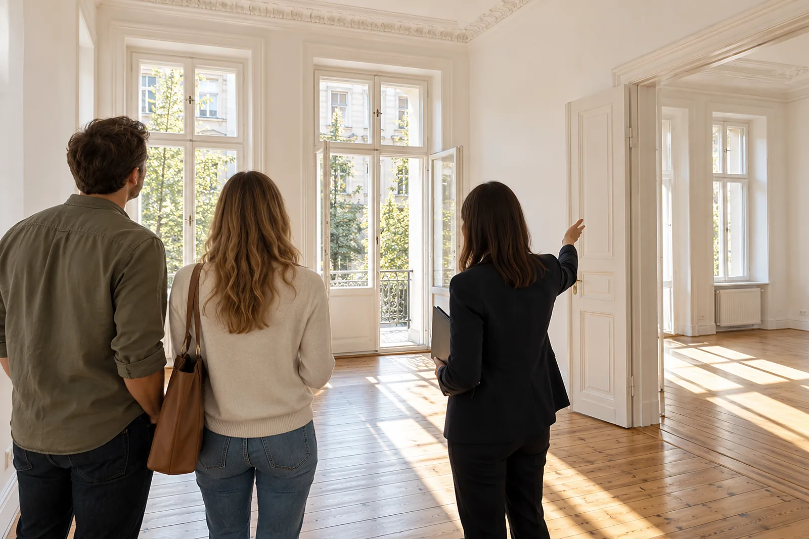 Wohnungsbesichtigung: zwei Interessenten in einer hellen, leeren Wohnung