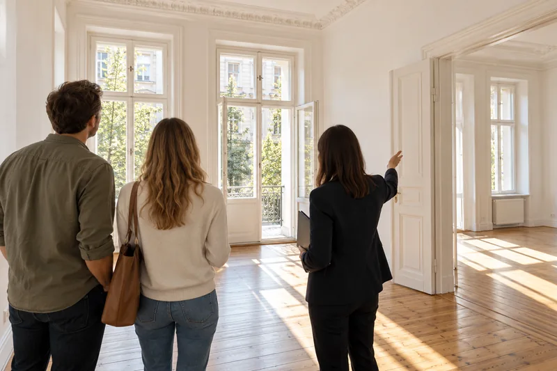 Wohnung vermieten lassen in Berlin: Wohnungsbesichtigung: zwei Interessenten in einer hellen, leeren Wohnung