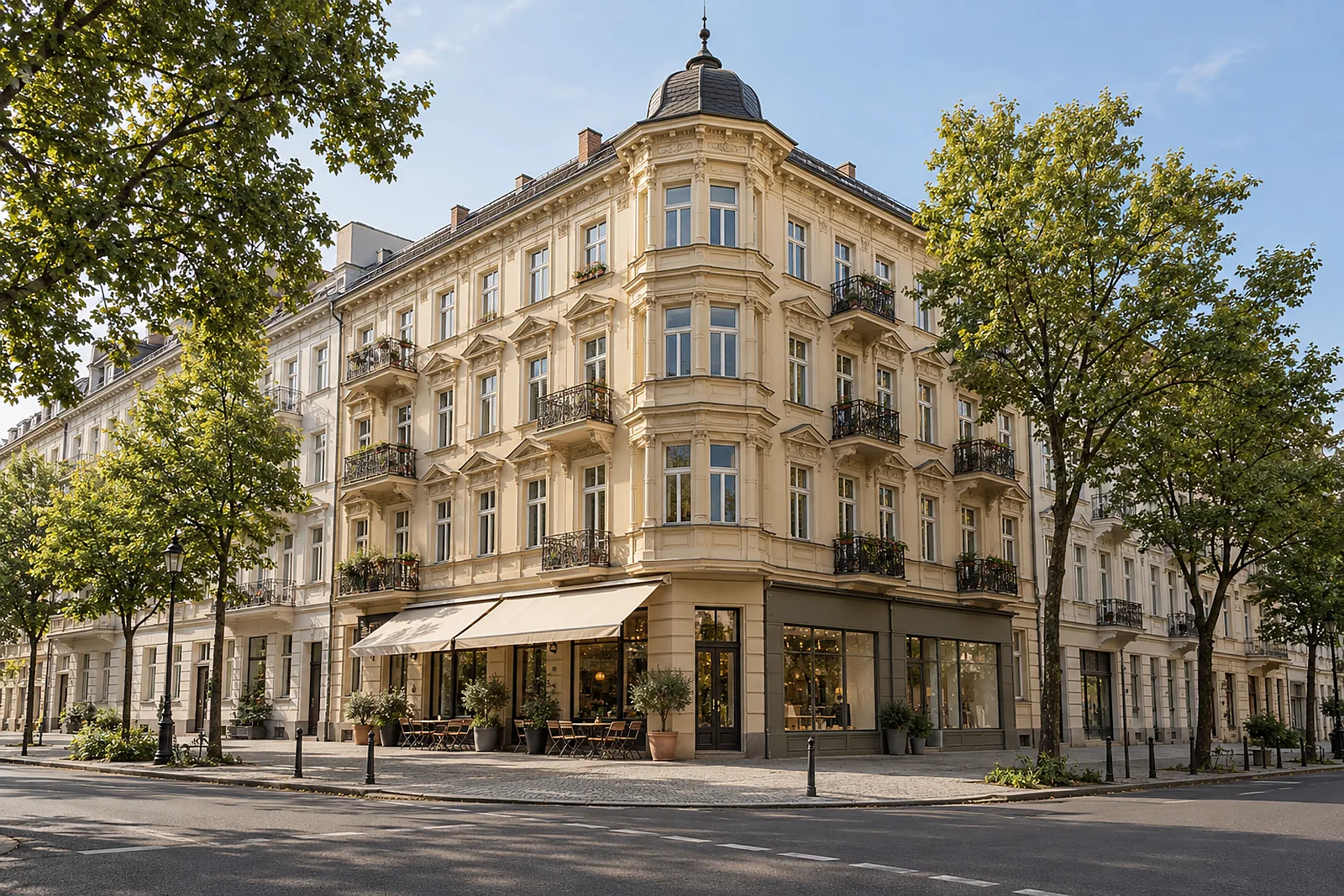 Gründerzeitliches Wohn- und Geschäftshaus an einer Straßenecke mit Café im Erdgeschoss