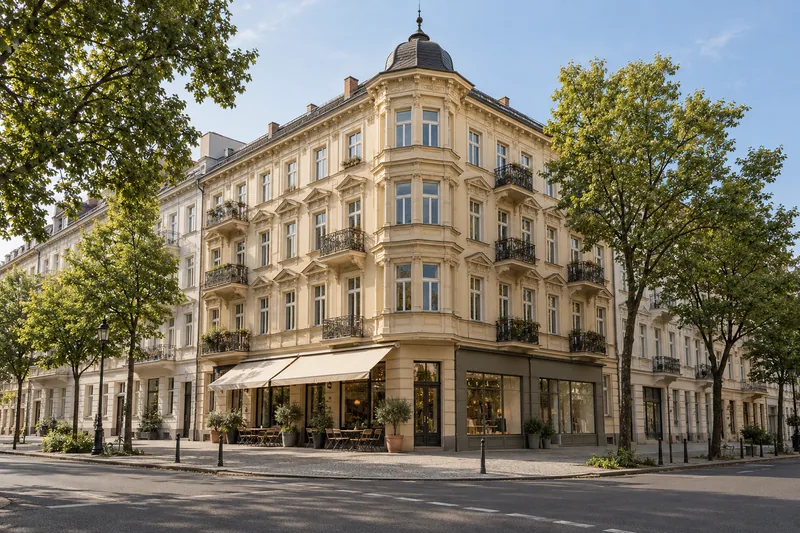 Hausverwaltung für Mehrfamilienhäuser: Gründerzeitliches Wohn- und Geschäftshaus an einer Straßenecke mit Café im Erdgeschoss