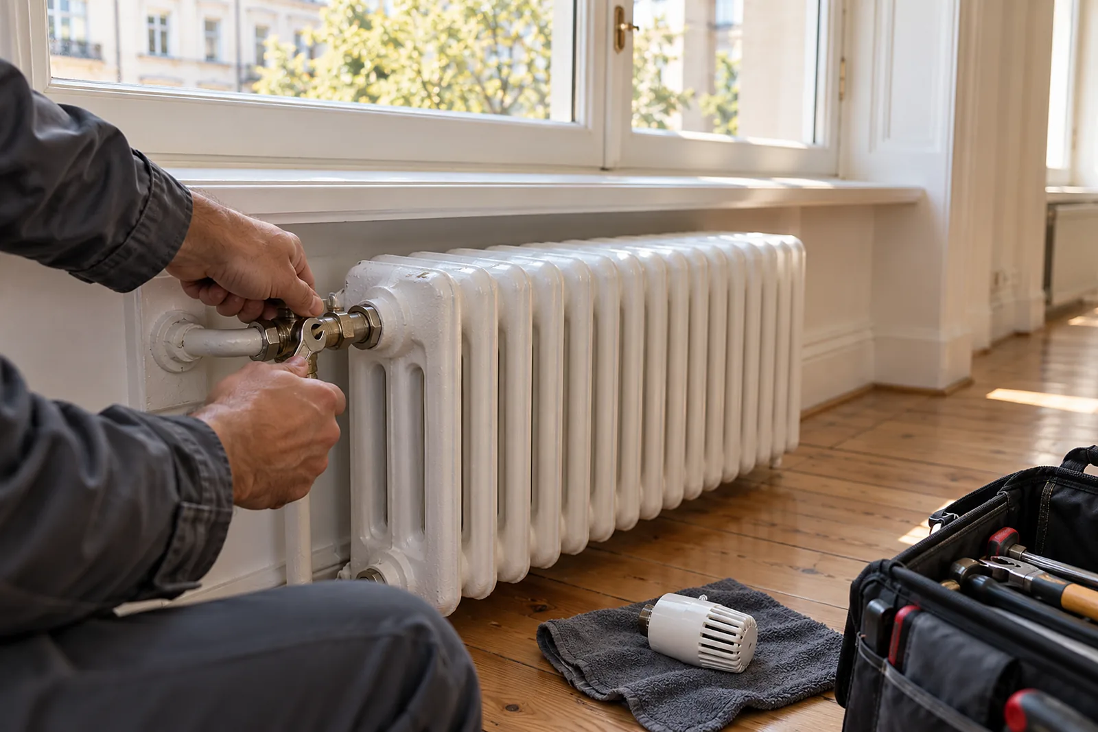 Handwerker tauscht ein Thermostatventil an einem Heizkörper unter einem Altbaufenster