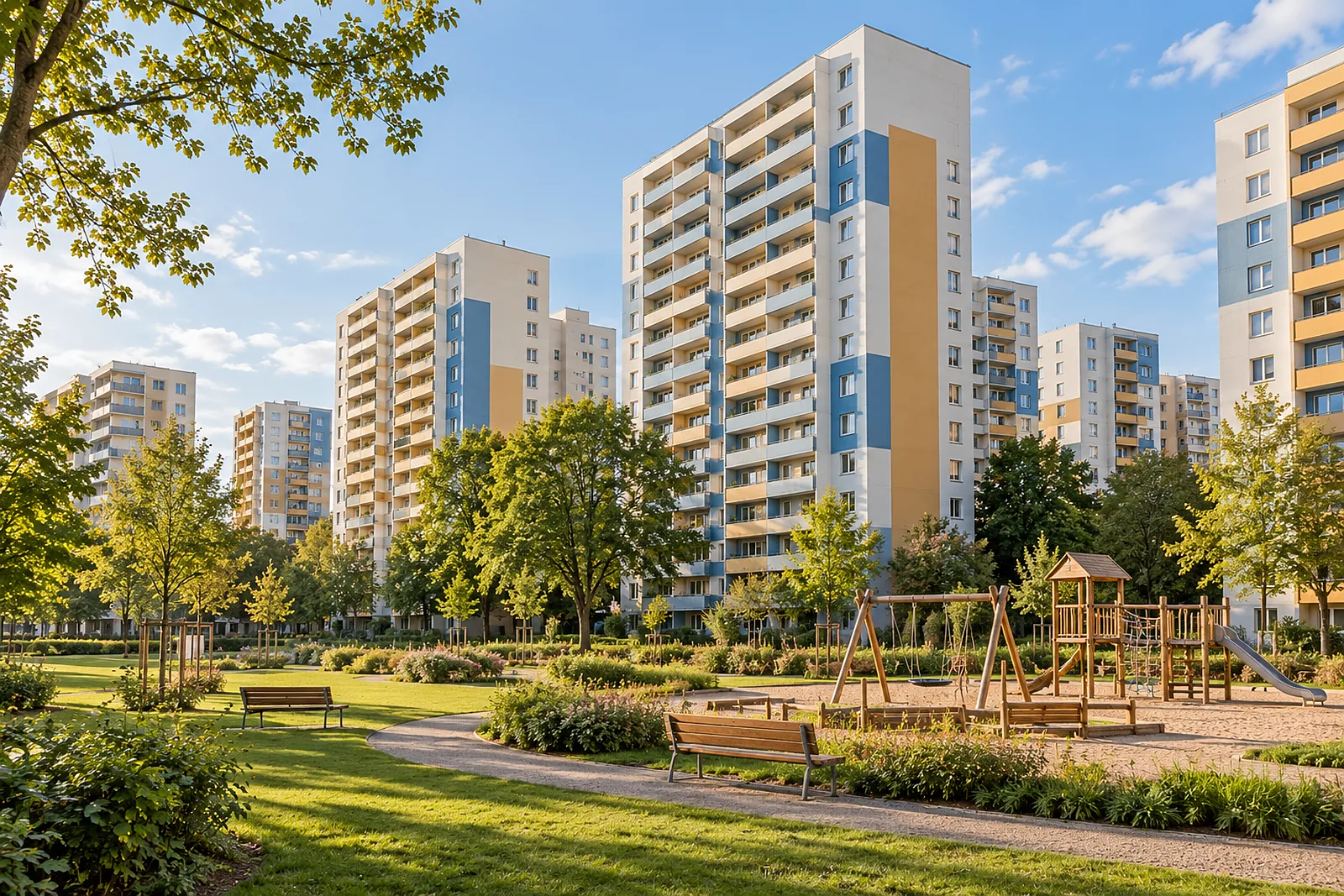 Wohnhochhäuser einer Großsiedlung mit Grünflächen und Spielplatz
