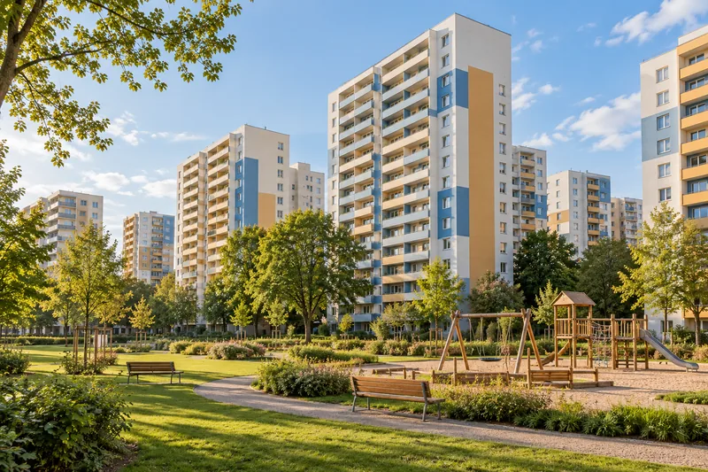 Wohnhochhäuser einer Großsiedlung mit Grünflächen und Spielplatz