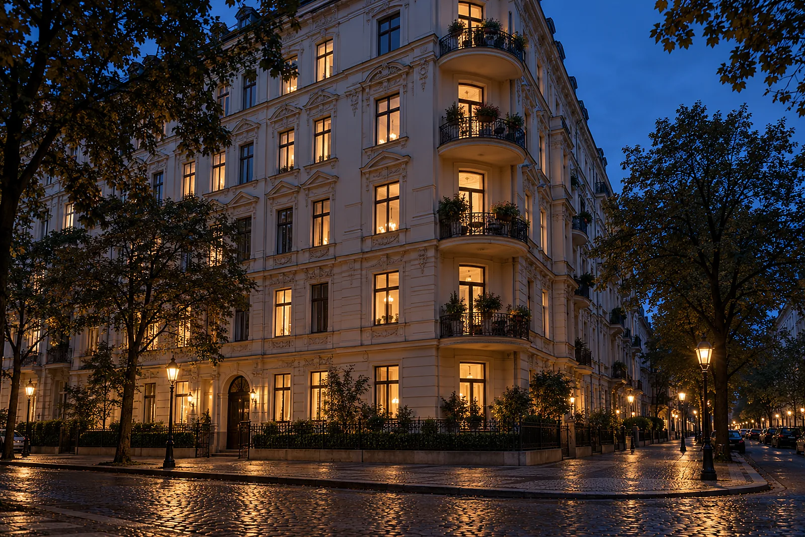 Gründerzeit-Mietshaus an einer Straßenecke in der Abenddämmerung