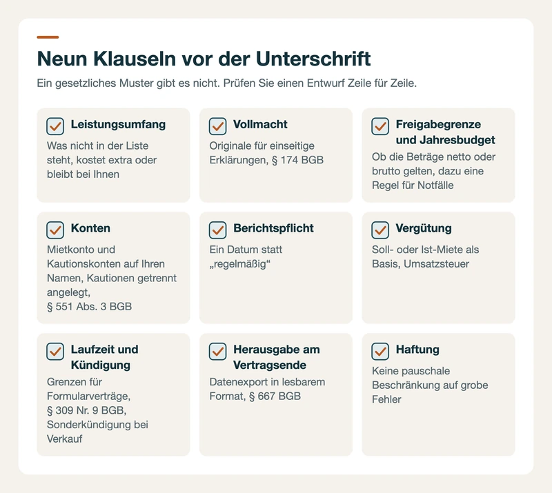 Checkliste der neun Klauseln eines Verwaltervertrags, jeweils mit dem Punkt, auf den Sie vor der Unterschrift achten